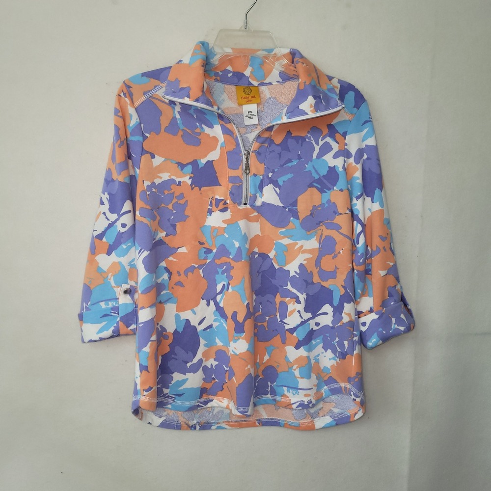 Ruby Rd Petite Small Women Multicolored Floral Print 1/4 Zip Pullover Sweatshirt